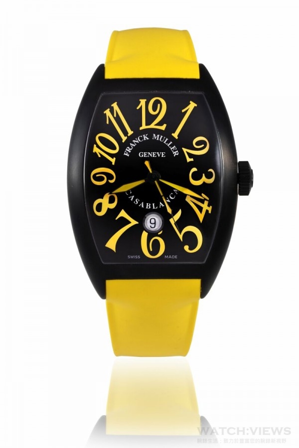 Franck Muller Casablanca腕錶，型號8880 C DT，黑色 PVD 塗層處理酒桶型不鏽鋼錶殼，錶徑39.6X55.4毫米，時 、分、日期顯示，啞面黑色錶盤配搭黃色阿拉伯數字，橡膠錶帶。