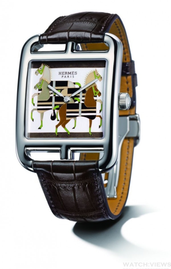 Cape Cod Rocabar 大明火琺瑯腕錶，750 白金錶殼，錶徑36.5x35.4 毫米，掐絲、鑲金、微繪琺瑯工藝錶盤，時、分指示，愛馬仕自製H1837 自動上鍊機芯，儲能50 小時，鱷魚皮錶帶，防水30 米，各款限量6 只。