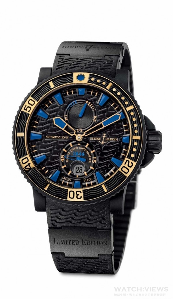 雅典《Black Sea》潛水碗錶，型號263-92LE-3C/923-RG，經硫化過程(Vulcanization Process)處理的不銹鋼錶殼，表面覆蓋黑色橡膠塗層，錶徑45.8  毫米，黑色波紋圖案錶盤，藍色夜光時標，十二點位置動力儲存顯示，六點位置超大小秒針及大日期窗，UN-26 自動上鍊機芯，動力儲能42小時，限量1846 枚，抗磨損藍寶石水晶玻璃鏡面及底蓋，防水200  米，獨有橡膠錶帶搭配黑色陶瓷組件x2連折疊帶扣，配備玫瑰金潛水錶圈和編號牌，售價NTD440,000。