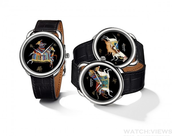 Arceau Cheval d'Orient 漆繪工藝腕錶，750 白金材質錶殼，錶徑41 毫米，法式漆繪工藝錶盤，微繪東方駿馬圖案，時、分指示，愛馬仕自製H1837 自動上鍊機芯，儲能50 小時，鱷魚皮錶帶，防水30米，每款限量12 只。