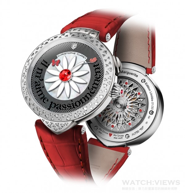 Marguerite腕錶的錶背備有「他愛我，他不愛我」的遊戲：當擺陀停止上弦時，最接近紅心的紅寶石會顯示答案（中心會顯示「是」或「否」）。