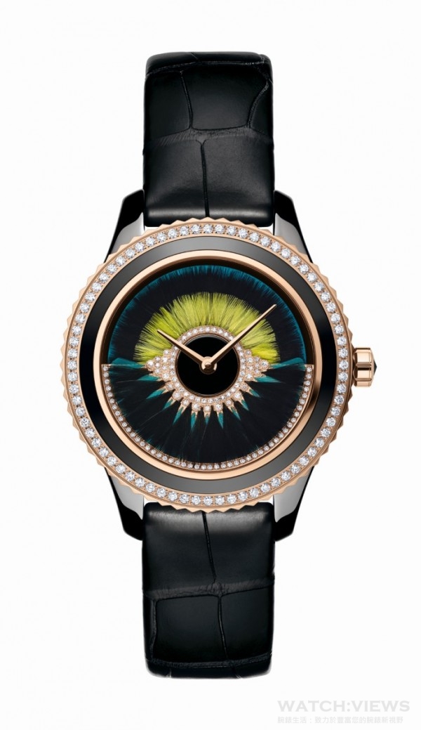 Dior VIII Grand Bal CANCAN 腕錶，玫瑰金與高科技陶瓷錶殼、鑲鑽錶圈，錶徑38 毫米，時、分指示，Dior Inversé 11 1/2 自動上鍊機芯，儲能42 小時，錶盤與倒置自動盤裝飾羽毛、自動盤鑲鑽，鱷魚皮錶帶，防水50米，限量88只。