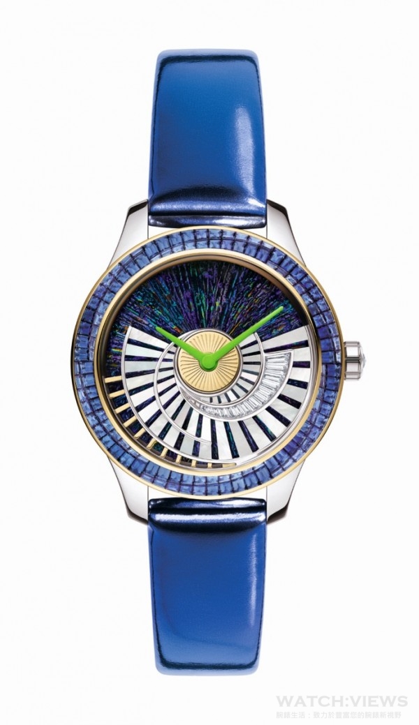 Dior VIII Grand Bal Pièces Uniques ENVOL 腕錶，白金錶殼、鑲鑽錶圈與錶冠，錶徑36毫米，時、分指示，Dior Inversé 11 1/2 自動上鍊機芯，儲能42 小時，錶盤鑲嵌聖甲蟲殼、倒置自動盤裝飾珍珠母貝、鑽石與彩漆，金屬皮質錶帶，防水30 米，共有9 個款式，皆限量1 只。