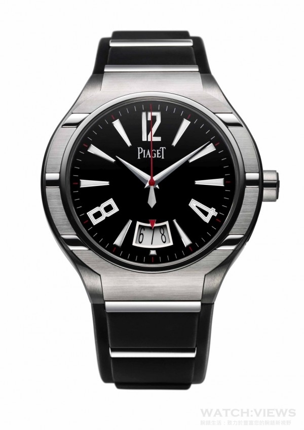 Piaget Polo FortyFive 腕錶，45mm鈦金屬錶殼，精鋼緣飾，錶盤鑲貼夜光時標，搭載伯爵製800P PVD自動上鍊機械機芯，配備黑色PVD擺陀，設秒針及日期顯示 ，型號G0A34011，台幣參考售價465,000。