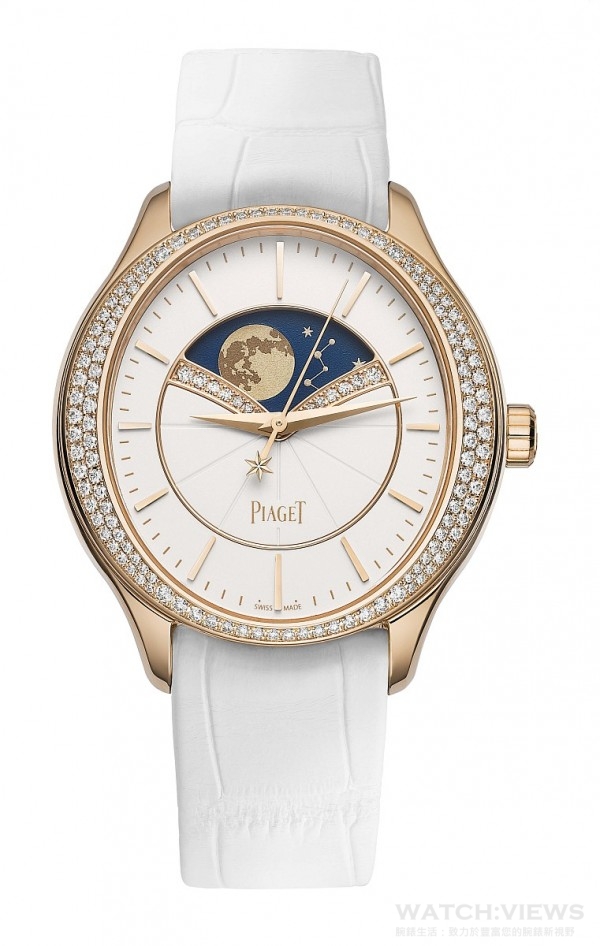 Limelight Stella腕錶 ， 18K玫瑰金錶殼，錶徑36毫米，鑲嵌126顆圓形美鑽(約重0.65克拉)，白色錶盤配搭18K玫瑰金時標，月相顯示綴以14顆圓形美鑽(約重0.06克拉)，藍寶石水晶底殼，搭載伯爵584P自動上鏈機械機芯，天文月相顯示轉動及配備42小時動力儲存顯示，時、分指示，12時位置設天文月相顯示，玫瑰金色的自動擺陀，白色鐫刻，配襯褐灰色鱷魚皮錶帶，型號G0A40123。 