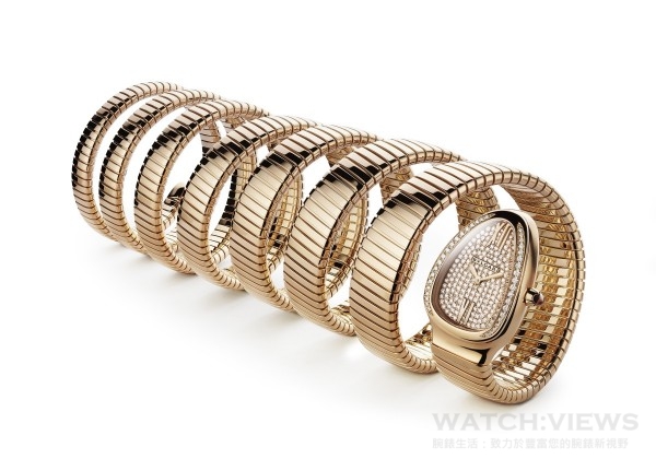 寶格麗Tubogas頂級珠寶腕錶，18K金錶殼，錶徑35mm，錶面鑲飾明亮切割鑽石(總重約1.11克拉)，石英機芯，玫瑰金錶環，參考售價：NTD 4,816,000。