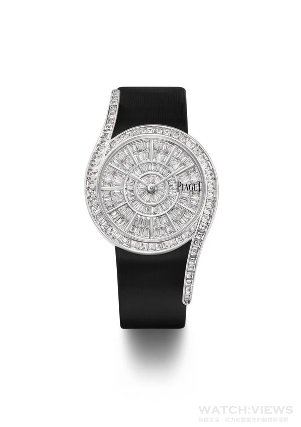 Piaget Limelight Gala鑲鑽腕錶 18K白金錶殼，直徑31毫米，全錶鑲鑽225顆(約6.4克拉)，自製690P石英機芯，時、分顯示，搭配緞面錶帶。