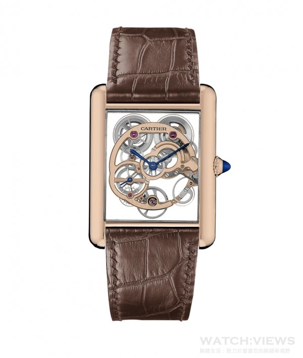 Tank Louis Cartier 藍寶石水晶鏤空腕錶，18K 玫瑰金錶殼，錶徑30x39.2毫米，時、分、小秒針，9622MC 手上鍊機芯，藍寶石水晶鏤空設計，儲力儲能3日，藍寶石水晶鏡面及錶背，防水30 米，鱷魚皮錶帶。