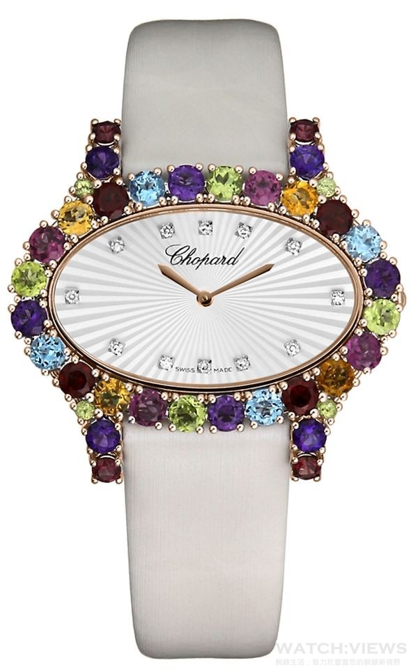 L’Heure du Diamant系列腕錶，型號：139376-5118。18K玫瑰金錶殼鑲嵌總重7.15克拉彩色寶石，錶徑40.5毫米X27.5毫米，珍珠母貝錶面，參考價NTD 704,000。