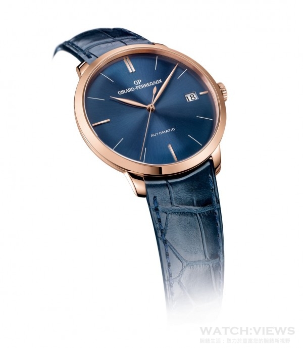 GP 芝柏表 1966 系列 41 毫米 「 藍色時光 」 藍盤腕錶，玫瑰金錶殼，直徑41.00毫米，時、分、中央秒針、日期，GP芝柏表自產GP01800-0004自動上鏈機芯，動力儲備54小時以上，防眩光藍寶石水晶玻璃錶鏡，藍寶石水晶玻璃錶背，藍色太陽紋錶盤，防水深度30米，藍色鱷魚皮錶帶。