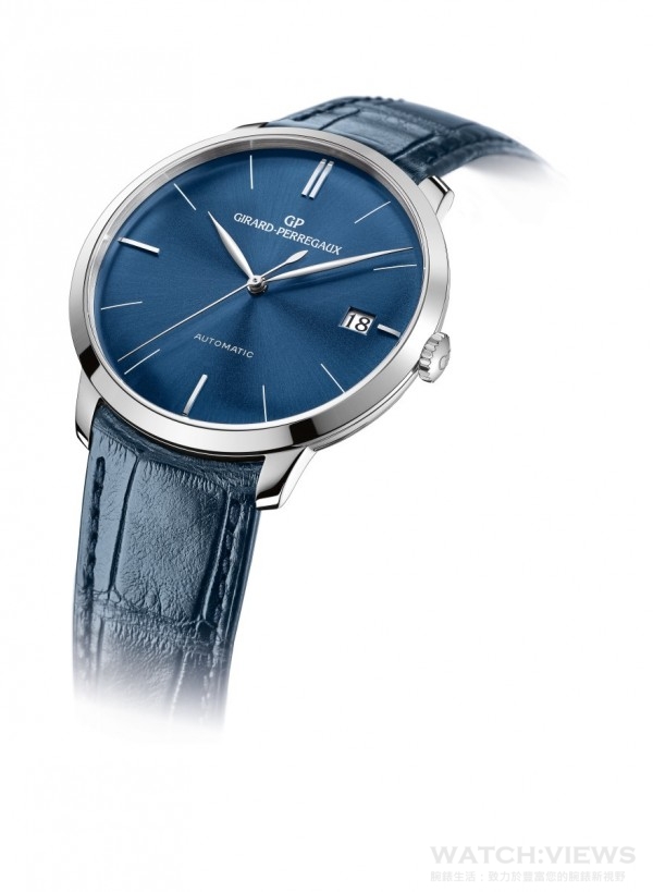 GP 芝柏表 1966 系列 41 毫米 「 藍色時光 」 藍盤腕錶，白金表殼，直徑41.00毫米，時、分、中央秒針、日期，GP芝柏表自產GP01800-0004自動上鏈機芯，動力儲備54小時以上，防眩光藍寶石水晶玻璃錶鏡，藍寶石水晶玻璃錶背，藍色太陽紋錶盤，防水深度30米，藍色鱷魚皮錶帶。