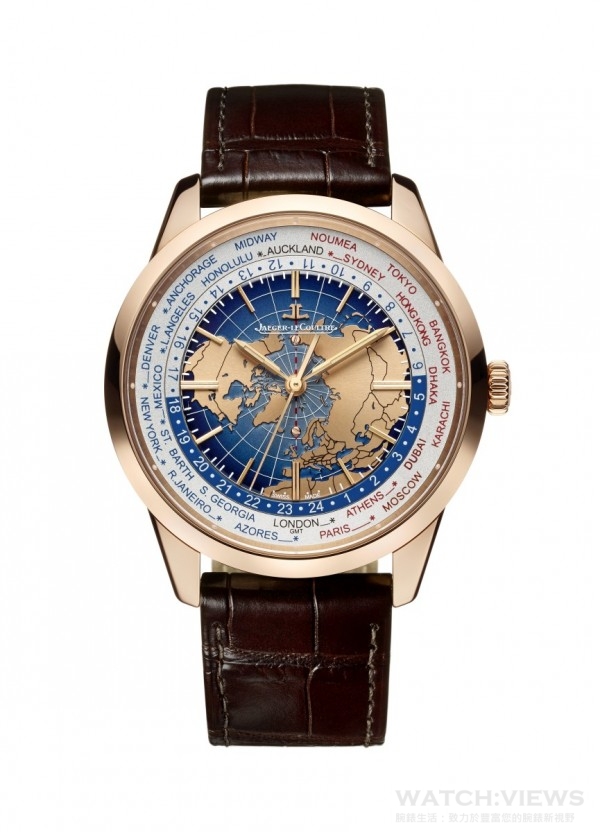 Geophysic® Universal Time地球物理天文台系列世界時間腕錶，玫瑰金錶殼，直徑41.6毫米，時、分、跳秒、世界時間，積家772型自動上鏈機械機芯，動力儲存40 小時，振頻每小時28,800次，藍色漆面錶盤，鑲貼時標，鱷魚皮錶帶。 