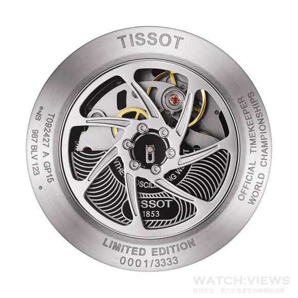 天梭競速系列MotoGP 2015限量版的輪型透明錶後蓋，讓配戴者可欣賞精良瑞士機芯的運作狀態。