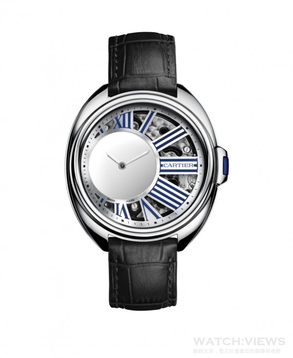 Clé de Cartier神祕小時腕錶，950鉑金錶殼，錶徑41毫米，鉑金錶冠鑲嵌一顆藍寶石，神秘時分顯示，9981 MC型手上鍊機芯，藍寶石水晶玻璃鏡面及後底蓋，防水30米，黑色鱷魚皮錶帶。