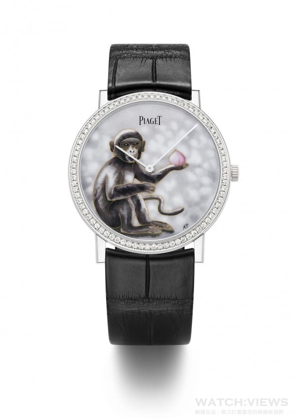 Piaget Altiplano掐絲琺瑯腕錶 – 38 毫米 18K 白金錶殼，鑲嵌78顆圓形美鑽 (約重0.7克拉) 大明火掐絲琺瑯錶盤，靈感源自中國傳統生肖及展現生肖「猴」圖案 搭載伯爵430P超薄手動上鏈機械機芯 功能：時、分指示，約43小時動力儲存 黑色鱷魚皮錶帶，搭配白金針扣式錶釦 G0A40540 –限量38枚，鐫刻獨立編號 伯爵專門店獨家發售 台幣參考售價2,210,000元