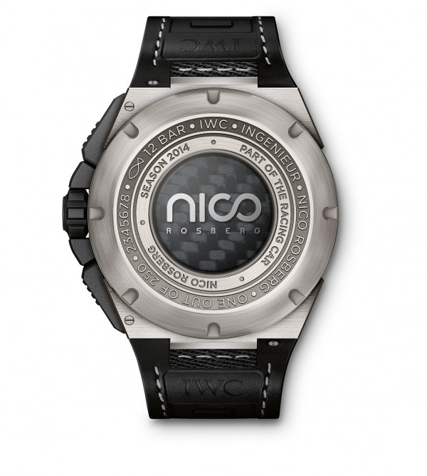 工程師計時腕錶「尼科•羅斯伯格」特別版的錶底蓋鐫刻有「IWC • INGENIEUR • NICO ROSBERG • ONE OUT OF 250」字樣