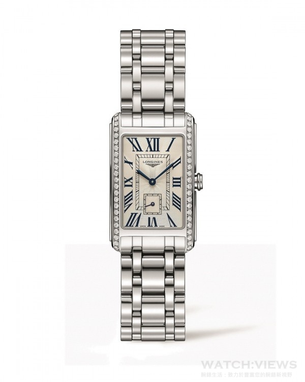 Longines DolceVita多情系列腕錶L5.512.0.71.6 不鏽鋼鑲鑽錶殼，錶徑23 x 37毫米，藍寶石水晶玻璃鏡面，防水30米，石英機芯，時、分、小秒針，不鏽鋼鍊帶，參考價NTD 121,000。 