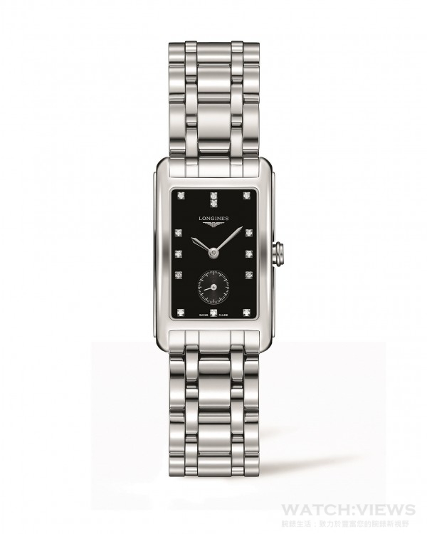 Longines DolceVita多情系列腕錶L5.512.4.57.6 不鏽鋼錶殼，鑲鑽時標，錶徑23 x 37毫米，藍寶石水晶玻璃鏡面，防水30米，石英機芯，時、分、小秒針，不鏽鋼鍊帶，參考價NTD 51,900。 