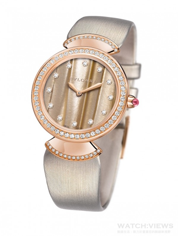 BVLGARI Diva玫瑰金醋酸纖維自動女錶，型號102329，建議售價約NTD563,000。