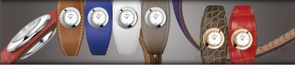 愛馬仕Faubourg Manchette手環腕錶，以皮革包嵌錶殼，搭配多彩的鱷魚皮革或小牛皮錶帶。