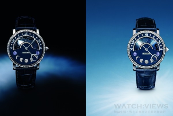 Rotonde de Cartier逆跳晝夜顯示月相腕錶，9912 MC型機芯，18K白金鍍銠錶殼，直徑40毫米，18K白金鍍銠錶圈，鑲嵌68顆圓形明亮式切割鑽石，圓珠形錶冠，鑲嵌一顆鑽石，18K白金鍍銠錶盤，鑲嵌118顆圓形明亮式切割鑽石和28顆藍色藍寶石，深藍色鱷魚皮錶帶，18K白金可調校式摺疊錶扣，鑲嵌43顆鑽石，藍寶石水晶鏡面及錶背，防水30米，參考價格約NTD 3,030,000。