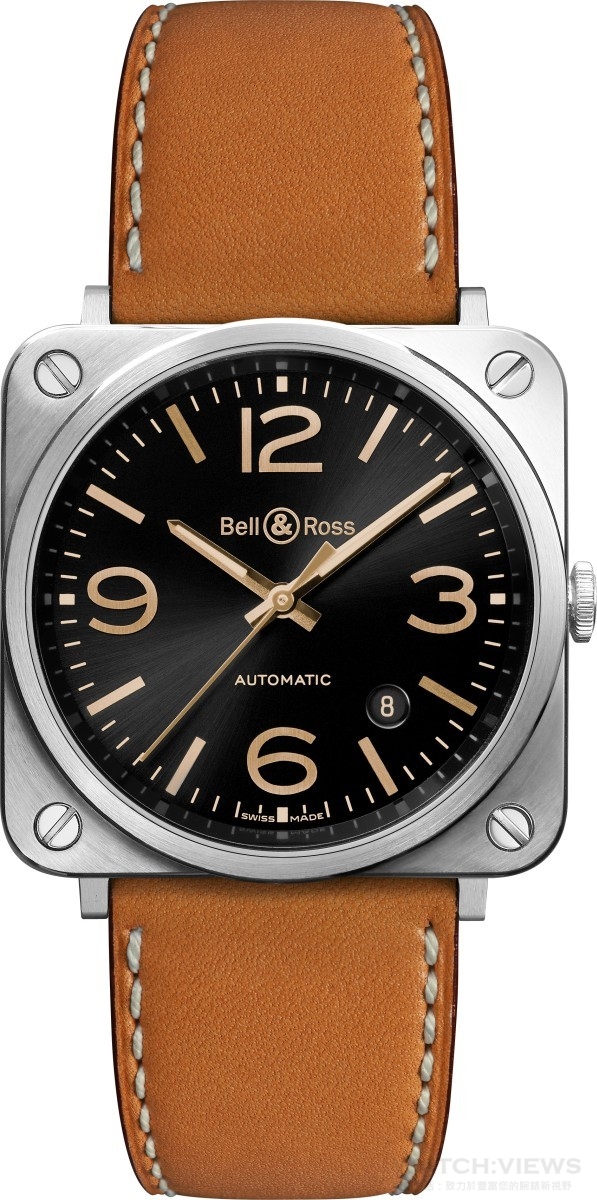 Bell & Ross BR S Golden Heritage腕錶，BR03-92大三針款式，不銹鋼材質錶殼，直徑39mm，BR-CAL.302自動上鍊機芯，時、分、秒，日期顯示，藍寶石水晶玻璃，防水50米，棕色錶面，玫瑰金色時標，玫瑰金質指針，時、分夜光指針，棕色小牛皮錶帶，建議售價NTD108,800。