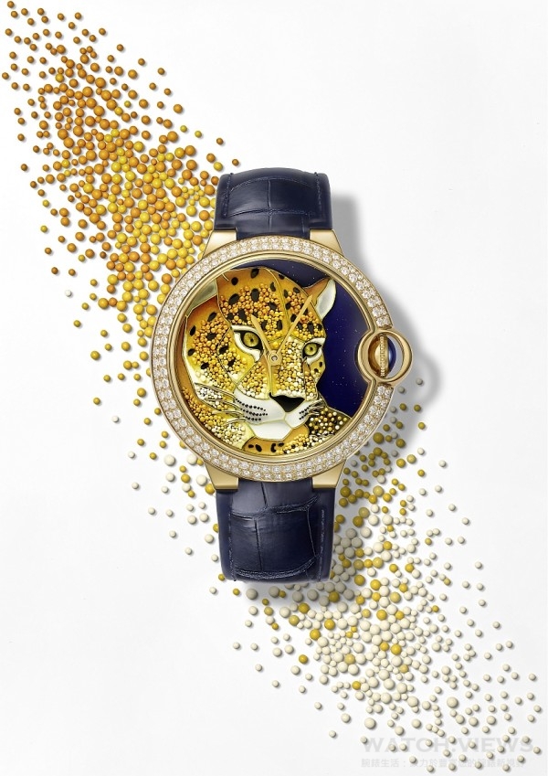 Ballon bleu de Cartier琺瑯珠粒工藝美洲豹裝飾腕錶，直徑42毫米， 18K黃金錶殼，鑲嵌124顆鑽石，18K黃金凹槽式錶冠，鑲嵌一顆凸圓形藍寶石，22K黃金錶盤，琺瑯珠粒工藝美洲豹裝飾，深藍色鱷魚皮錶帶，18K黃金可調校式摺疊錶扣，鑲飾43顆鑽石，049型自動上鍊機械機芯，防水30米，編號並限量發售30枚。