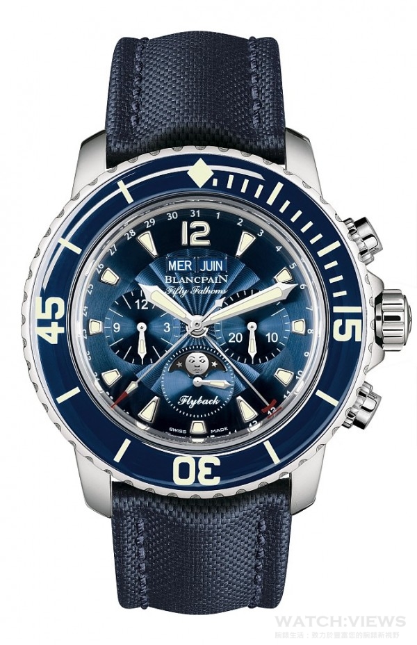 寶鉑錶五十噚系列全日曆月相飛返計時碼錶，建議售價NTD$787,000。