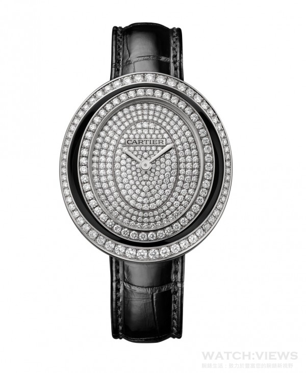 Hypnose腕錶，大型款，18K白金，錶圈及錶盤鑲嵌圓形明亮式切割鑽石，黑色真漆，鱷魚皮錶帶，石英機芯。