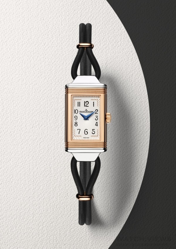 Reverso One Cordonnet女裝絲鏈翻轉腕錶，不鏽鋼錶殼，錶徑x毫米，時、分顯示，積家657型石英機芯，防水30米，真皮錶帶。