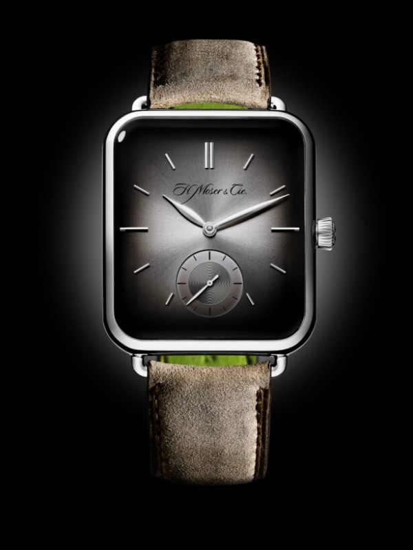 H. Moser & Cie. Swiss Alp Watch，編號8324-0200，18K白金錶殼，錶徑38.2 x44.0毫米，標誌性fumé錶盤，時、分、小秒針、錶背動力儲能顯示，HMC 324手上鍊機芯，動力儲能四日，藍寶石水晶玻璃鏡面與後底蓋，大撚角羚皮錶帶，限量50只。 