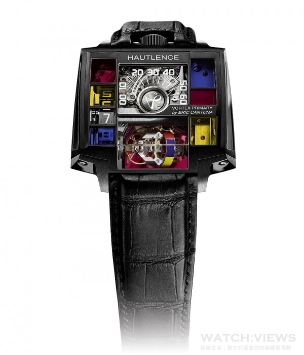 Hautlence Vortex Primary腕錶，黑色PVD 塗層5 級鈦金屬錶殼，錶徑52 x 50 毫米，19 塊三維彩色藍寶石水晶玻璃鏡面，小時、逆跳分鐘、動力儲存顯示，HAUTLENCE HLR2.0自製機芯，動力儲存40 小時，手工縫製黑色路易斯安那鱷魚皮錶帶，經過橡膠化處理，或黑、紅、藍、黃色、白色橡膠錶帶，防水30米，限量18只。