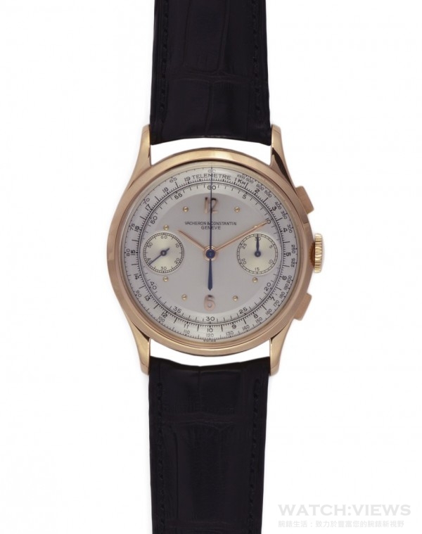 2.“Vacheron Constantin Les Collectionneurs”系列，編號11724，1947年，計時碼錶，18K玫瑰金錶殼，江詩丹頓早期最受歡迎的錶款之一，直到70年代初仍為眾所皆知的計時碼錶腕錶，建議售價NTD1,940,000。