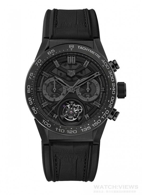 TAG Heuer CARRERA Heuer-02T瑞士官方天文台（COSC）認證自動上鏈陀飛輪計時碼錶，CAR5A8Z.FC6377（Black Phantom限量版），五級鈦金屬材質錶殼，由12個不同的模組化零件組成（錶耳、錶殼中部、錶圈、底蓋、錶冠及底座、按鈕、錶殼中部與錶圈之間的墊圈、藍寶石水晶錶鏡），黑色鈦金屬錶圈，帶測速刻度，橡膠鑄模不鏽鋼錶冠，TAG Heuer Calibre HEUER-02T，原廠自製機芯，黑色鏤空橋板，瑞士官方天文台（COSC）認證自動上鏈陀飛輪計時機制，黑色導柱輪、鏤空計時橋板和全新鏤空擺陀，鈦金屬和碳纖維陀飛輪框架，動力儲存超過65小時，黑色鏤空錶盤帶2個計時盤，防水100米，黑色橡膠綴上黑色鱷魚皮，具同色調鑽孔裝飾，摺疊扣配安全鈕，限量發行250支，每一支皆刻有獨立編號，建議售價為新台幣694,450元。