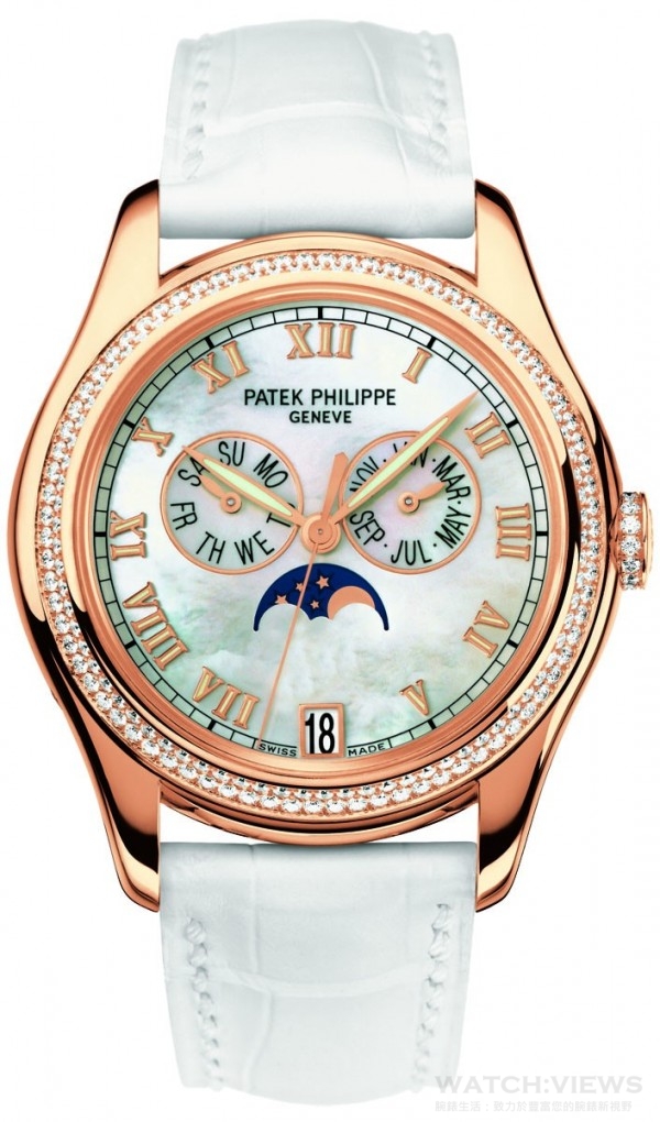 4936R年曆腕錶 18K玫瑰金錶殼，錶徑37毫米，錶殼鑲鑽156顆(約0.93克拉)，錶冠鑲鑽14顆(約0.07克拉)，時、分、秒針、年曆功能、月相顯示，珍珠母貝面盤，324 S QA LU自動上鍊機芯，鱷魚皮錶帶。