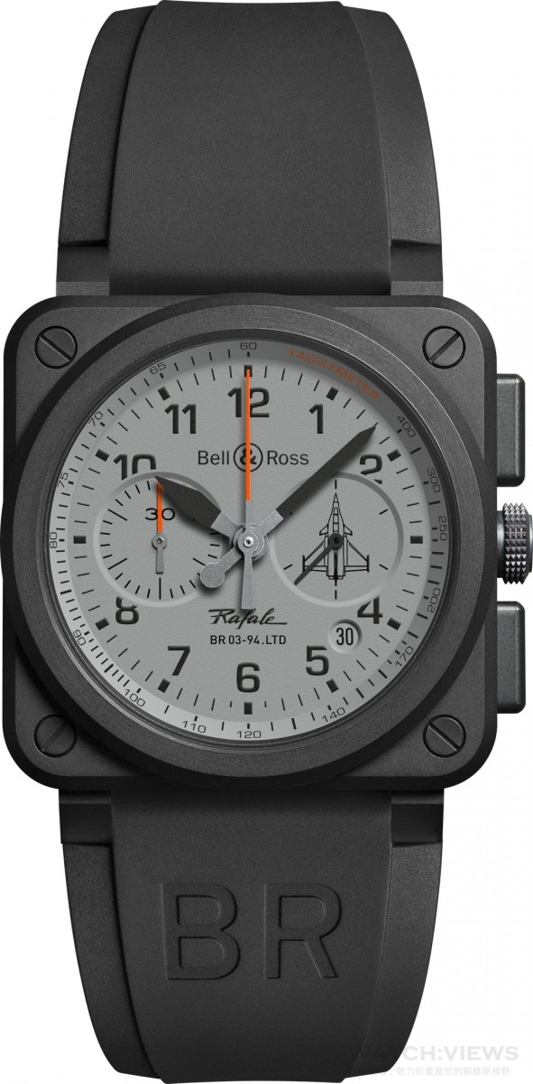 BR 03-94 Rafale 黑色陶瓷錶殼，錶徑42毫米，時、分、小秒針，日期，BR-CAL.301自動機芯，計時碼錶，防眩藍寶石水晶鏡面，防水100米。限量500只，建議售價：NTD210,000