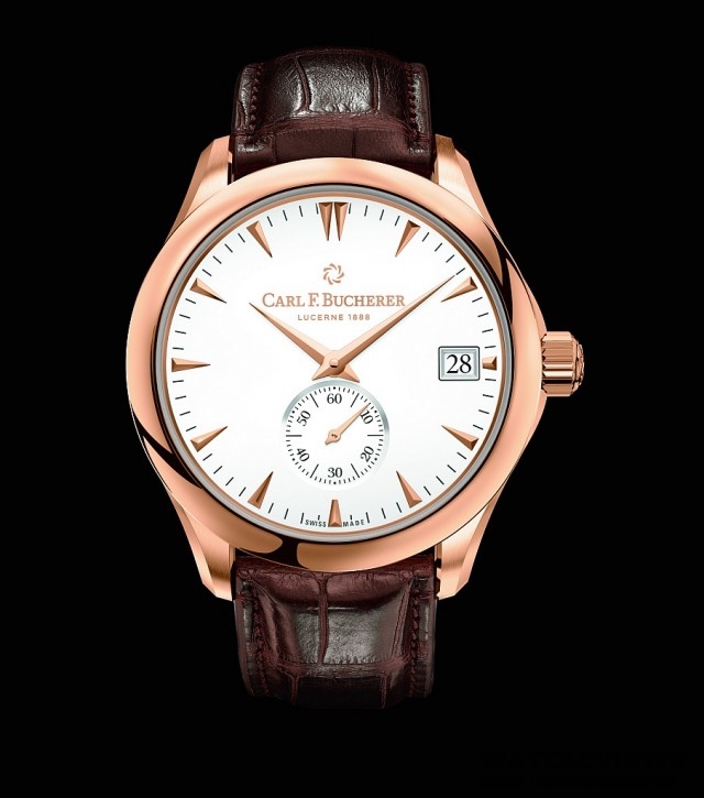 馬利龍 Peripheral 腕錶，玫瑰金錶殼，錶徑40毫米，優雅白瓷色或雅黑色錶盤，日期，時、分、小秒針，自製 CFB 2050 自動上鏈機芯，瑞士官方天文台認證，動力儲存 55 小時，華貴鱷魚皮錶帶。