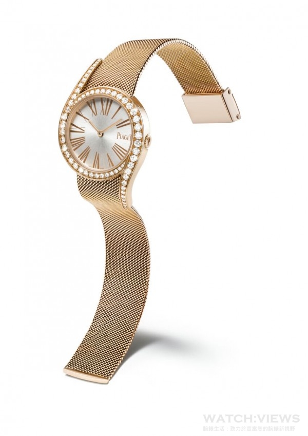 Limelight Gala Milanese腕錶 - 32毫米，18K玫瑰金腕錶，錶殼鑲嵌62顆圓形美鑽（約重1.75克拉），錶盤上飾有玫瑰金色羅馬數字時標，18K玫瑰金米蘭網織鏈帶配備刻有伯爵首字母「P」字樣的滑釦，搭載伯爵製690P石英機芯，型號G0A41213，台幣參考售價1,240,000元。