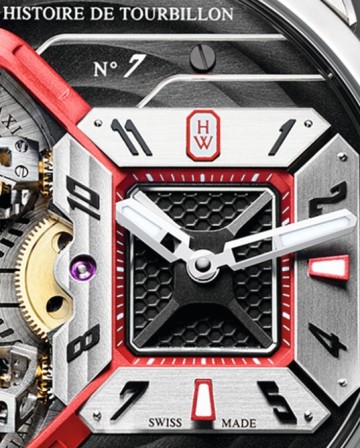 史詩陀飛輪Histoire de Tourbillon 7號腕錶的錶盤右側顯示時分的區域呈現錐型，將時針和分針分別設於錐面之上。此區域四周環繞著一圈小時刻度圈，特意塑造成傾斜的立體圈，使配戴者容易閱讀時間及營造現代感風格。