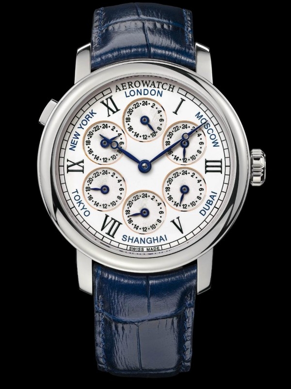 Renaissance 7 Time Zones文藝復興系列7地時區腕錶，不鏽鋼材質錶殼，錶徑44毫米，時、分、7地時區功能（本地時區＋上海、東京、紐約、倫敦、莫斯科、杜拜時區），本地時區快調功能，瑞士製造ETA 6497-1手上鍊機芯，附加愛羅錶與Fred-Eric Bolzli共同開發的多時區模組，弧形藍寶石水晶玻璃，透明後底蓋，防水50米，皮革錶帶搭配摺疊式錶扣，訂價NTD $105,000。