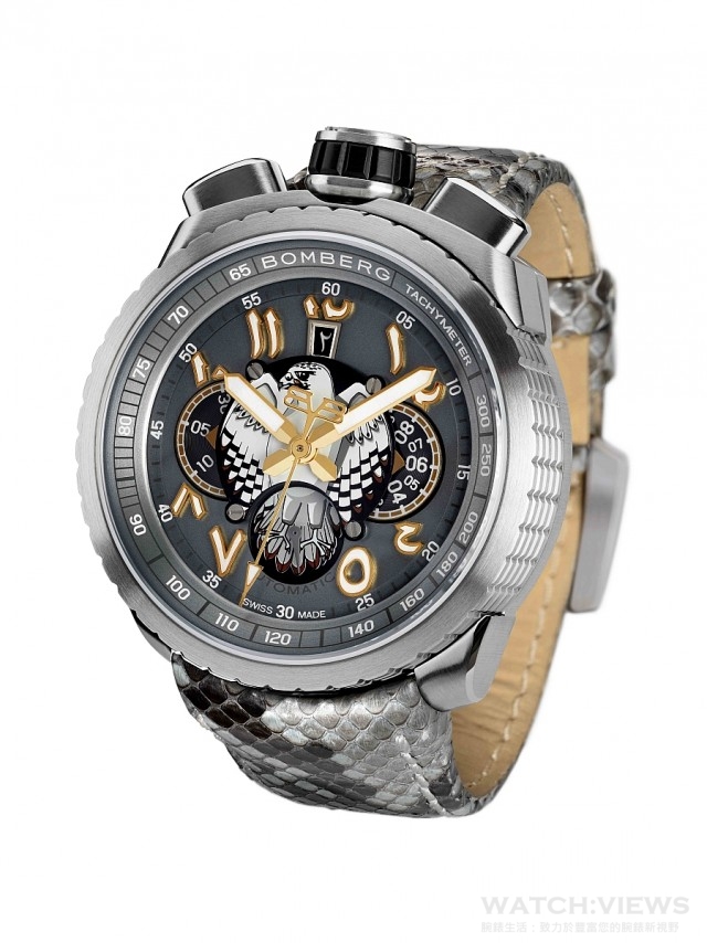 BOLT-68 GREY FALCON灰色獵鷹 限量腕錶，不銹鋼錶殼，錶徑47毫米，時、分、秒顯示，計時碼錶功能，夜光塗層，小日期顯示，專利栓銷裝置，錶身可拆下，另組成懷錶，Concepto 99001 自動上鍊機械計時機芯，藍寶石水晶玻璃鏡面，防水100米，橡膠錶帶，懷錶套件含限量特製銀色鷹爪鍊及老鷹造型蓋板，訂價NT$ 138,000，限量250只。