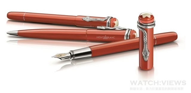 萬寶龍紅與黑 Rouge & Noir 系列珊瑚紅特別款書寫工具： (上至下) 鋼珠筆，NT$20,700；原子筆，NT$17,200；鋼筆，NT$27,500。