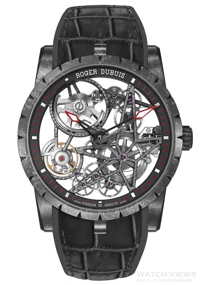 Excalibur Skeleton Automatic王者之劍系列自動上鏈鏤空腕錶 碳纖維SMC複合材料錶殼，直徑42毫米，鏤空錶盤，黑色盤緣 Poinçon de Genève（日內瓦印記） 和swiss made（瑞士製造）字樣，防水30 米，黑色純抺鱷魚皮和橡膠錶帶，黑色DLC鈦金屬可調節折疊式錶扣，RD820SQ自動上鏈機芯，搭載微型擺陀，日內瓦印記，訂價NTD2,145,000。