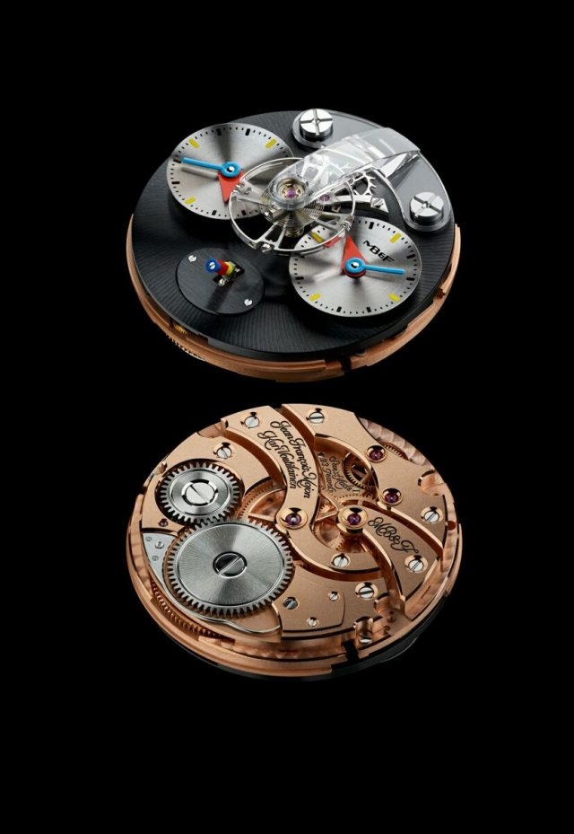 LM1巧奪天工的3D機芯，是Chronode的Jean-François Mojon及其團隊與獨立製錶大師Kari Voutilainen合作、基於Maximilian Büsser的設計手稿、專為MB&F打造而成的。在眾多機械腕錶的機芯中心，擺輪與遊絲都至關重要，起到調節走時準確度的作用。Büsser長久以來都為古董懷錶碩大的外型、緩慢搖擺的擺輪而深深著迷——相較今天的28,800 bph，其振頻僅為18,000 bph——因此，毫無意外的，他豐富的想像力便從此起飛。不過，令人出乎意料的是，他將這樣的想像力揮發到了極致：他顛覆了傳統，改變了擺輪固有的、隱藏於機芯背後的位置，並且並不限於把它置於機芯前方，而是將它懸浮於錶盤之上！