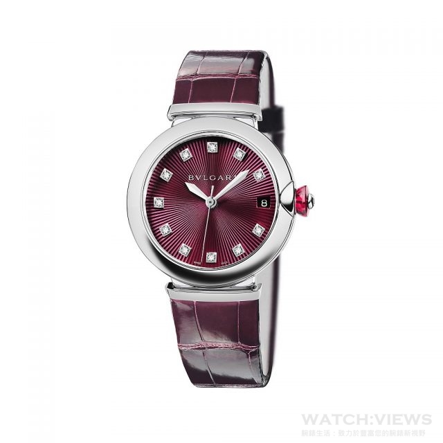 BVLGARI LVCEA，精鋼錶殼，紫色紐索太陽紋面盤，錶徑36mm，參考售價約新台幣203,500元。'