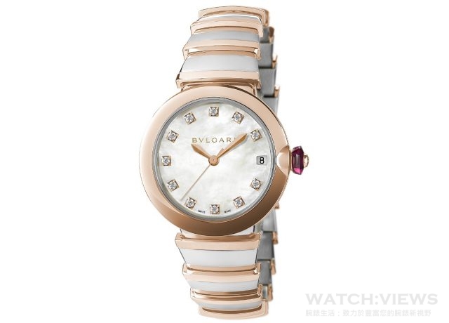 BVLGARI LVCEA玫瑰金腕錶，參考價格約新台幣347,900元。