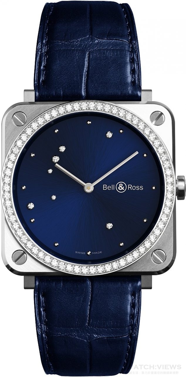 BR S Diamond Eagle腕錶鑲鑽款，緞光拋光精鋼錶殼，直徑39毫米，精鋼錶圈鑲嵌66顆鑽石、總重0.99克拉，午夜藍面盤，採用金屬鑲貼的小時刻度環，用7顆鑽石標示獵戶星座，時分顯示，BR-CAL.102石英機芯，帶防眩目塗層的藍寶石水晶玻璃錶鏡，防水100米，午夜藍鱷魚皮錶帶，定價NTD226,300。