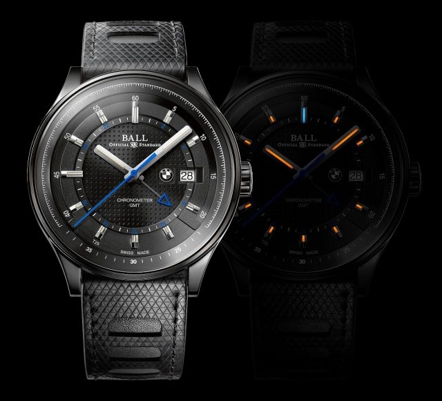 BALL for BMW GMT Chronometer腕錶，不銹鋼錶殼或經類鑽碳(DLC)處理的不銹鋼錶殼，直徑42毫米；厚度12.64毫米，黑色、藍色或灰色面盤，時、分、秒針及日期顯示，防眩藍寶石水晶玻璃，上鎖錶冠，防眩藍寶石水晶玻璃透視底蓋，BALL RR1201-C自動機芯，COSC瑞士天文台認證，13支自體發光微型氣燈，置於錶面、時及分針，方便夜間讀時，第二時區顯示，專利註冊 Amortiser®耐震系統，防磁性能 4,800A/m，防水性能 100米/330呎，不銹鋼鋼殼配逐漸收窄的不銹鋼鋼帶，或黑色DLC鋼殼配優質橡膠錶帶。