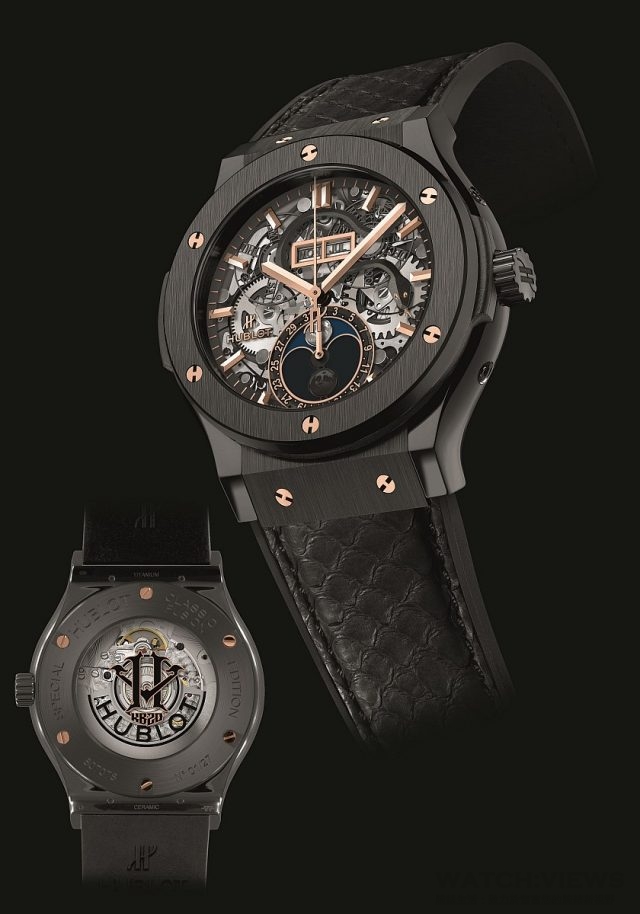 Classic Fusion Kobe Bryant “HeroVillain”經典融合系列限量腕錶，緞面處理及拋光陶瓷錶殼，直徑45mm，緞面處理及拋光陶瓷錶圈，黒色複合樹脂錶耳，藍寶石水晶鏡面錶背，覆有防炫光塗層，其上印有KOB16字樣及蛇形貼花，緞面處理及拋光陶瓷錶背刻有SPECIAL EDITION及24 NUM字樣，時、分、秒、日期、星期及月相顯示，宇舶HUB1131自動上鍊機芯，動力儲存約42小時，防水50米，黒色蠎蛇皮及橡膠錶帶，PVD不鏽鋼折疊式錶扣。