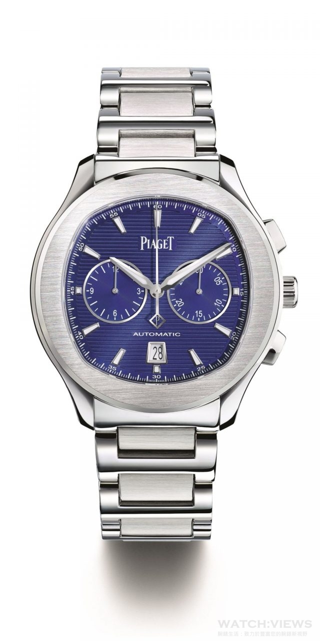 Piaget Polo S – 42 毫米 精鋼錶殼 藍寶石水晶底蓋 夜空藍錶盤，鑲貼塗上夜光材質 (Superluminova)的銀色時標 搭載伯爵製1160P自動上鏈機械計時機芯 (時、分，日期顯示設於6時位置，中央計時秒針，30分鐘計時盤置於3時位置及12小時顯示盤置於9時位置) 厚度為11.2毫米 防水為 100米 精鋼鏈帶搭配折疊式錶釦 G0A41006 台幣參考價格467,000元